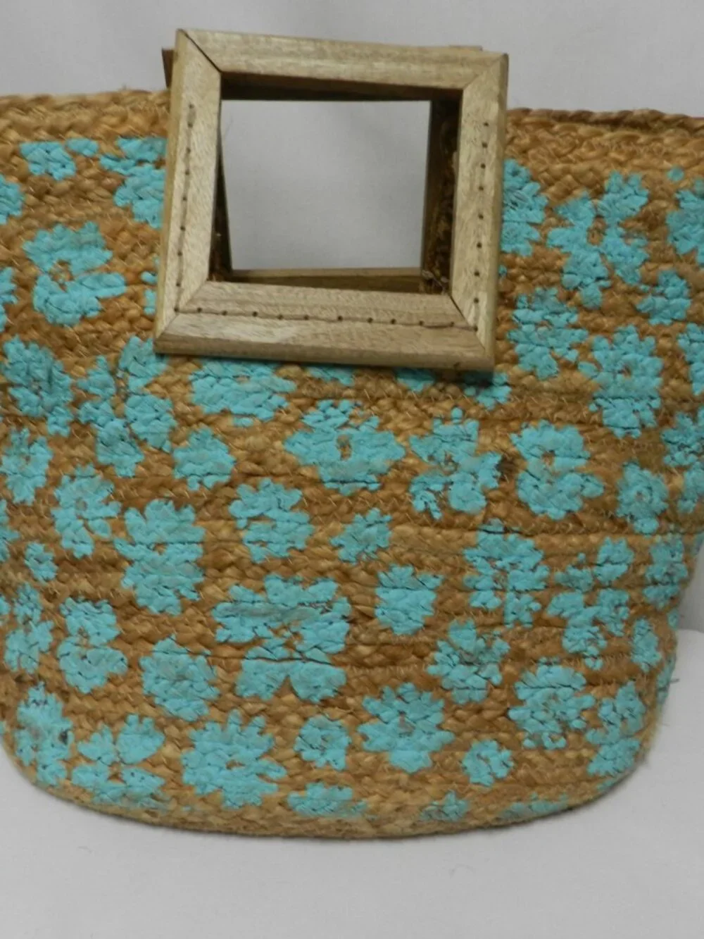 Twig & Arrow Jute large Hand painted tote bag carryall tan turquoise wood Summer - Picture 9 of 13